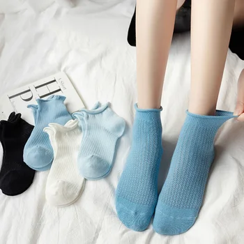 5 Чифта летни женски етажа на Дишането Удобни чорапи, Обикновена Сини Памучни чорапи, ежедневни сладки чорапи EU 35-40