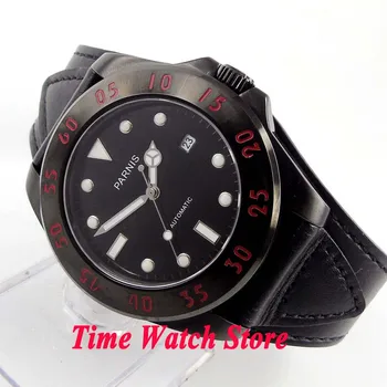 Parnis 43 мм 10ATM Miyota Автоматично мъжки часовник с PVD корпус черен циферблат светлинен сапфирен кристал черна кожена каишка 391A