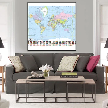 Карта на света от 60*60 см Художествена карта с Националните знамена Нетъкан Платно Картина Без Рамка Принт Ученически Пособия Начало Декор