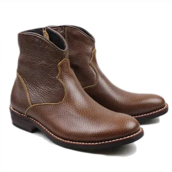 Обувки от естествена Кожа от 100% телешка кожа Кафяви на Цвят, мъжки класически мъжки Обувки в стил милитари стил пънк с цип, Dr. Кожени Каубойски Ботуши, Мъжки Botas Hombre