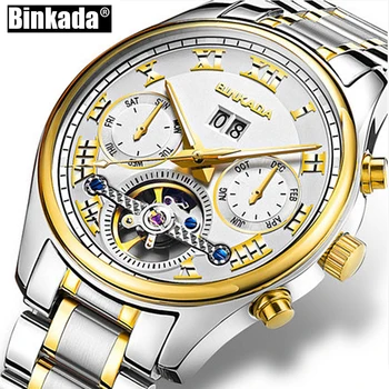 Оригинални Луксозни Маркови Мъжки часовници BINKADA самостоятелно ликвидация, Водоустойчив, Ден, Дата, Месец, Автоматични Механични Мъжки Модерен часовник с Турбийоном